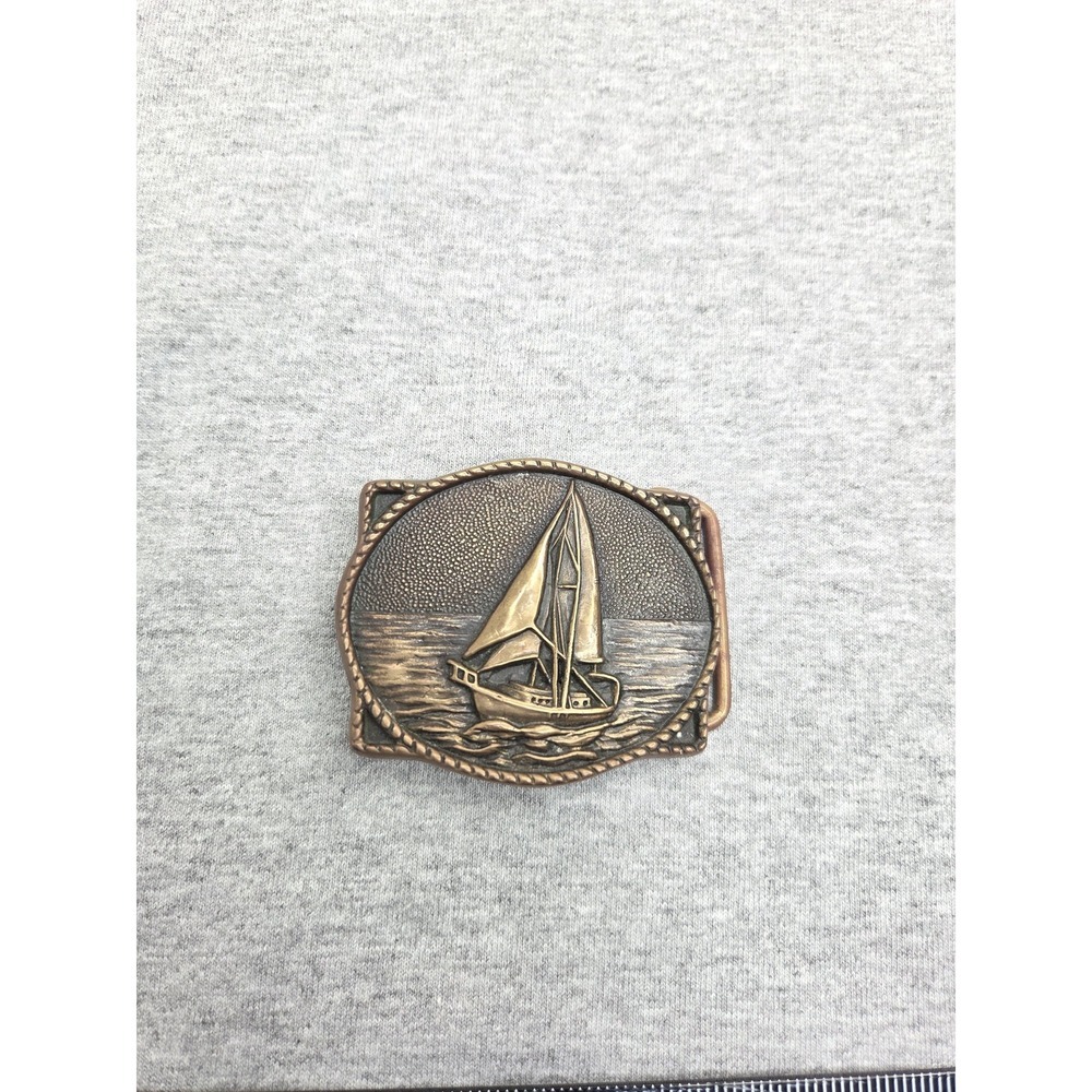 Vintage Solid Brass Sail Boat Ocean Breeze Nautical Belt Buckle BTS Made USA